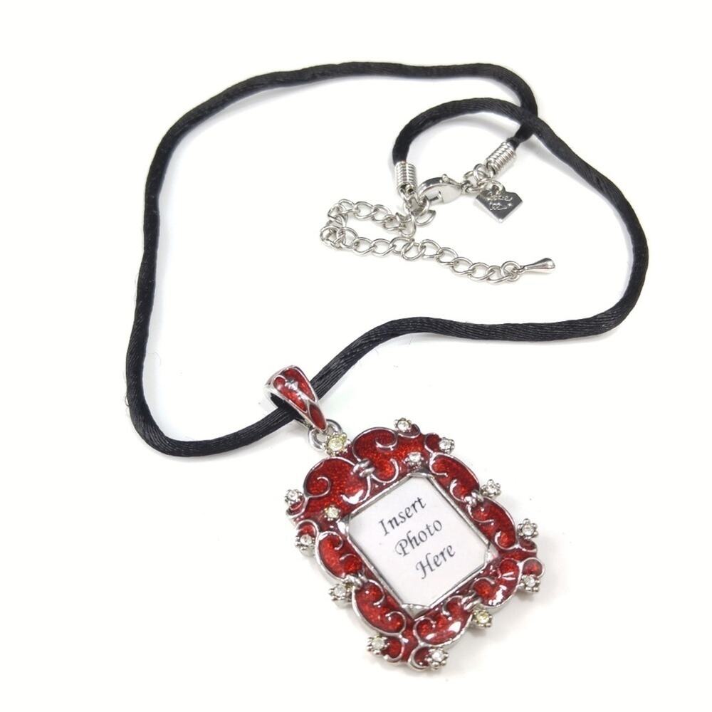 Cookie Lee Small Red Enamel Photo Frame Pendant Necklace - 18 Inches